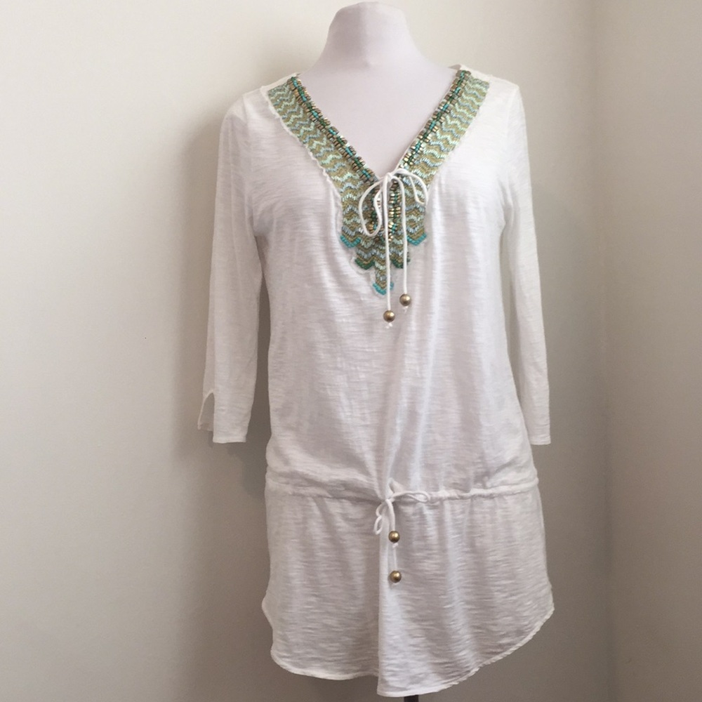 Banana Republic embroidered beaded beach Cover-up Tunic S white w/ gold & green